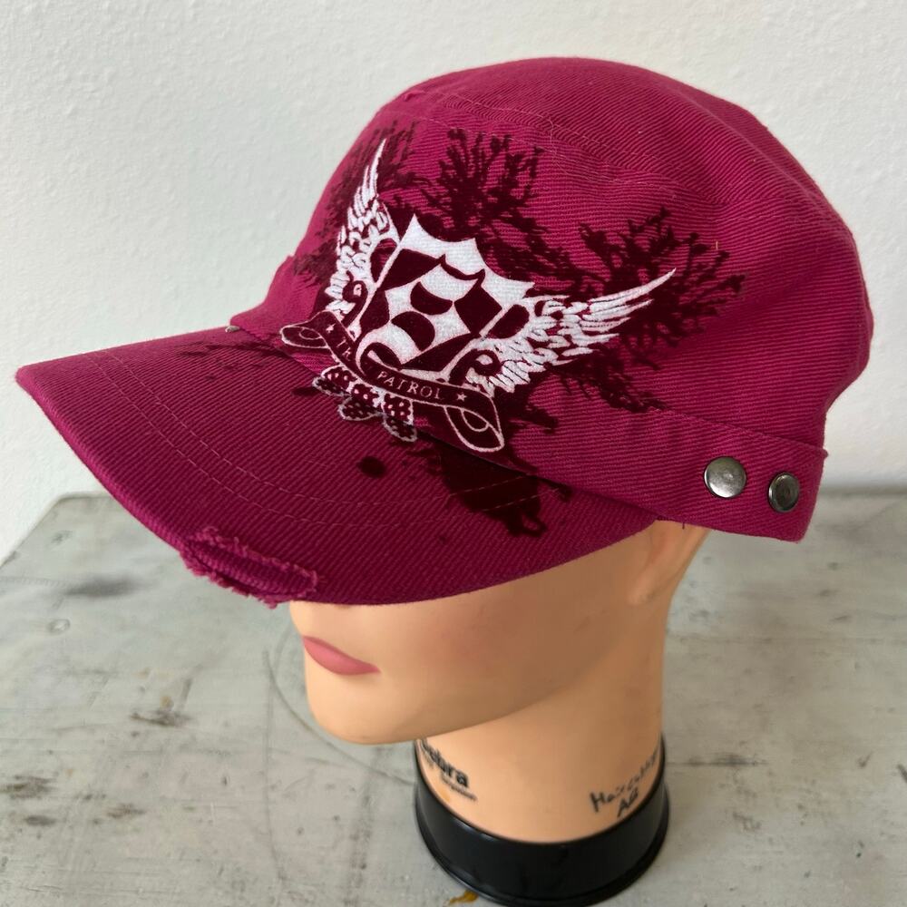Vintage Y2K Pink Distressed Military Cadet Hat Flocked Graphic Biker Cap grunge
